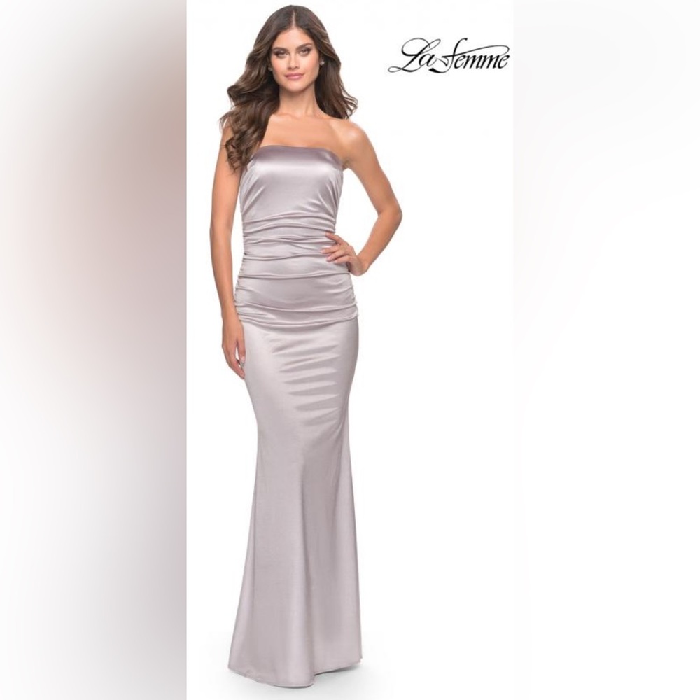 La Femme Womens Strapless Metallic Gown Dress Stretch Satin Platinum Silver Sz 4
